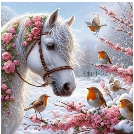 Diamantmozaïek - Paard in de winter met roodborstje