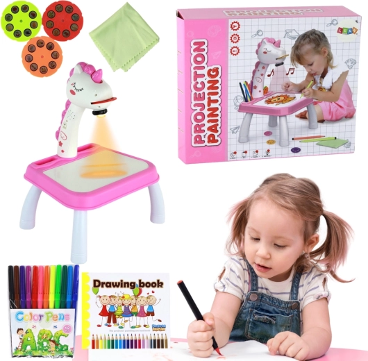 Tekenprojector eenhoorn – roze set met stiften en schijven