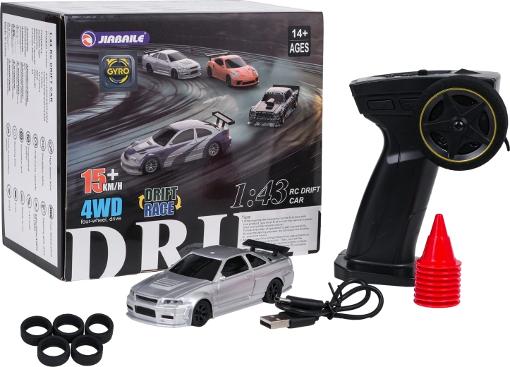 Zilveren RC-driftauto op schaal 1:43 met accessoires