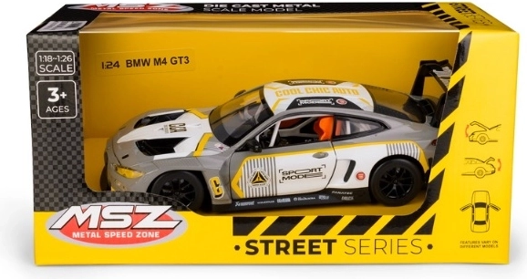 MSZ BMW M4 GT3 metalen model op schaal 1:24, zilvergrijs