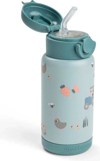 Done by Deer thermosfles met rietje Tiny farm blauw 340 ml