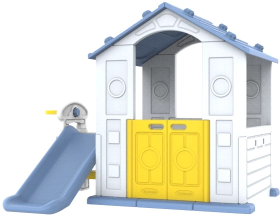 Kinder tuinhuis met blauw dak, glijbaan en basketbalset