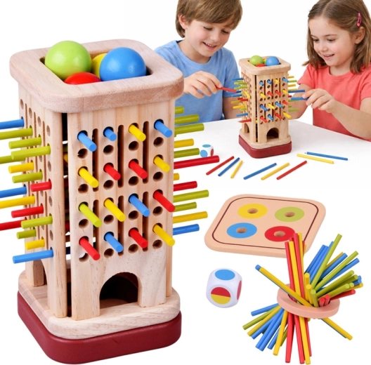 Houten behendigheidsspel met gekleurde stokjes en knikkers