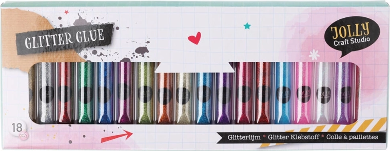 Glitterlijm voor decoraties 10 ml – mix van kleuren, set van 18 stuks