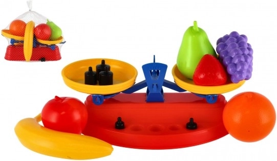 Set van plastic fruit met keukenweegschaal in net