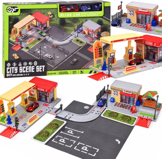 Kindertankstation met winkel, weg, parkeerplaats en 2 autootjes