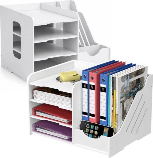 Houten bureau-organizer voor documenten en ordners, wit