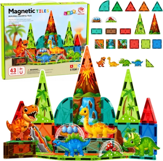Magnetische bouwstukken dinosaurussen – vulkaan, kleurrijke set 43 stuks