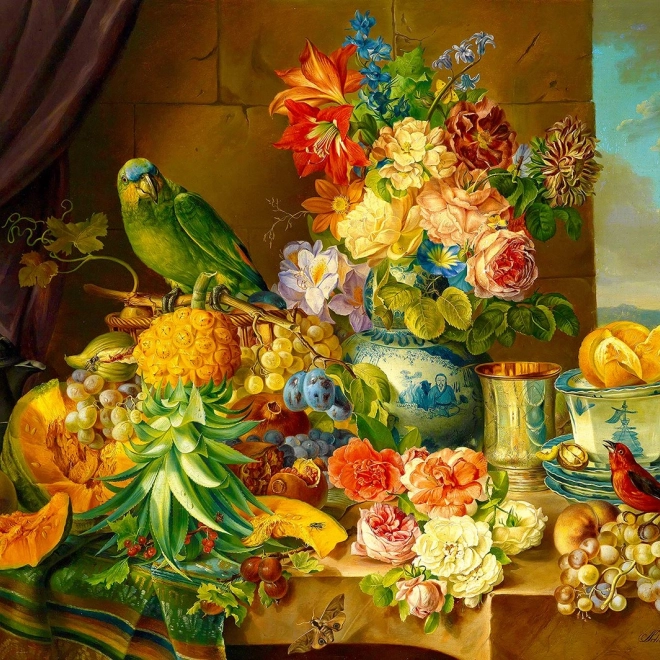 Puzzel Stilleven met bloemen, fruit en papegaai 1000 stukjes