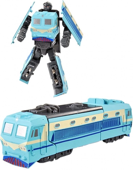 Metalen robot die kan worden omgevormd tot een blauwe locomotief