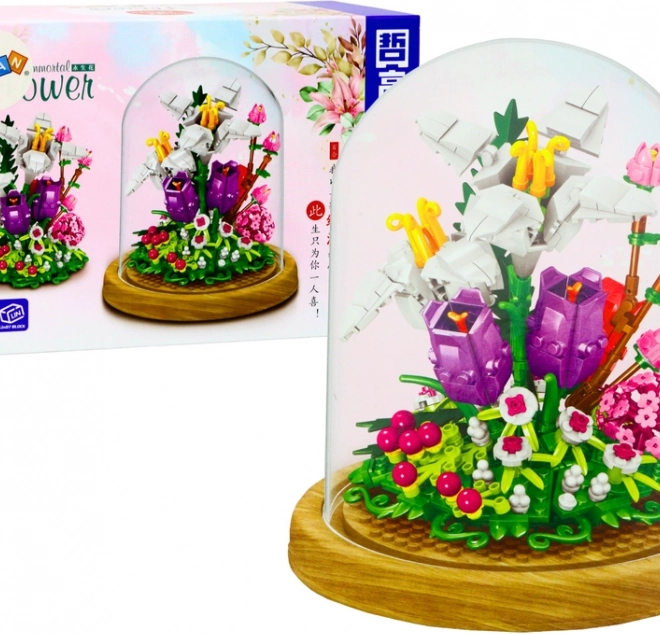 Bloemige bouwsets in glazen vitrine