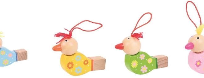 Houten kleurrijke fluitje Vogel geel