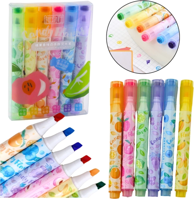 Kleurige fruitmarkeerstiften met stempel - set van 6 stuks