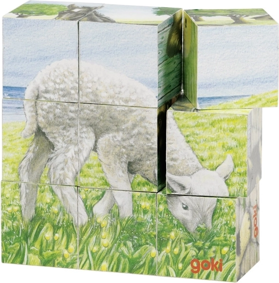 Goki houten kubuspuzzel boerderijdieren – 9 stuks