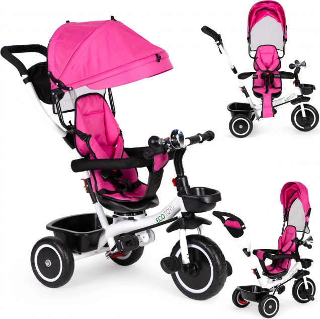 Roze kinderdriewieler met draaibare stoel en luifel ECO TOYS