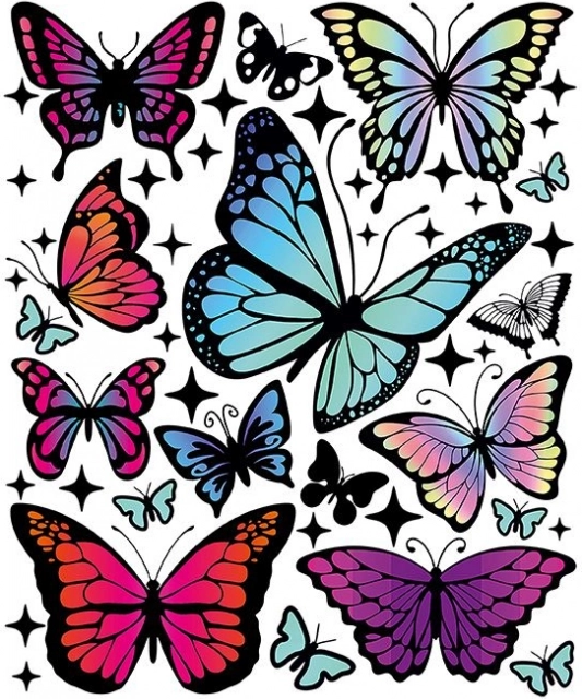 Strijkpatches – regenboogvlinders, groot vel 20 × 30 cm