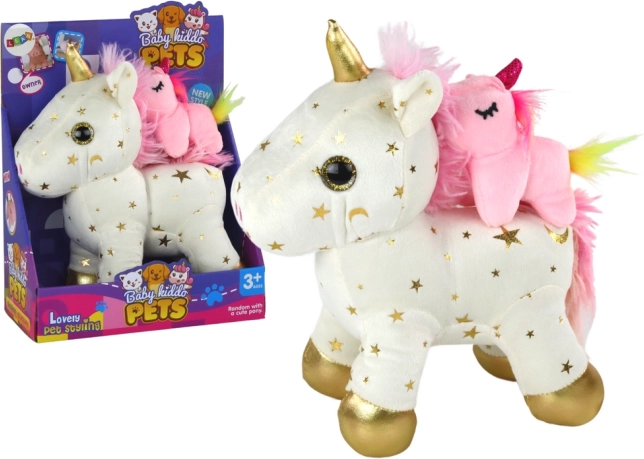 Pluche eenhoorn met slaapliedje – wit met gouden sterretjes, set
