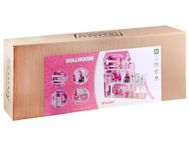 Grote houten poppenhuis met glijbaan en LED-verlichting