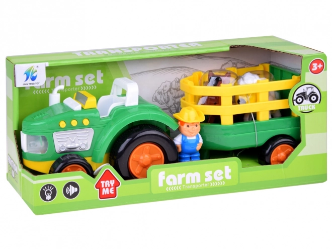 Boerentractor met aanhanger en dieren geluid + licht ZA5390