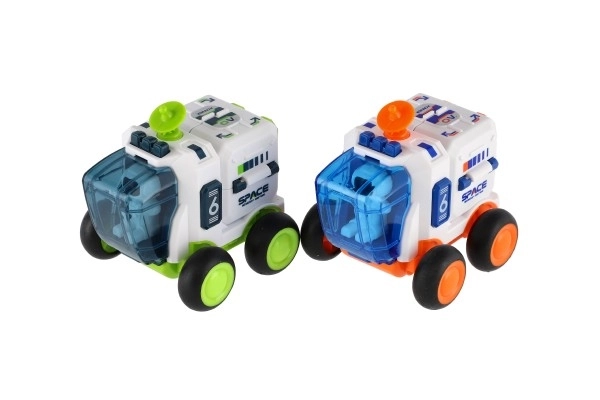 Auto ruimtevaart plastic 8x9cm op traagheidsmotor 2 kleuren