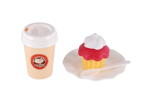 Speelgoedkinderkoffiehuis met koffiezetapparaat en gebakjes