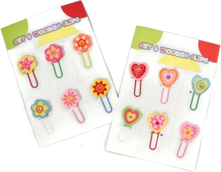 Houten kantoorclips hartjes of bloemetjes, set van 6 stuks