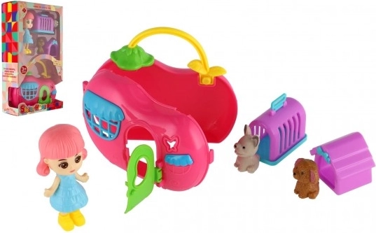 Pop met draagbaar huisje en huisdiertjes
