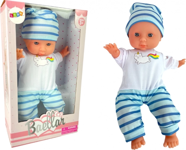 Babypop in blauw-wit gestreepte pyjama, 30 cm