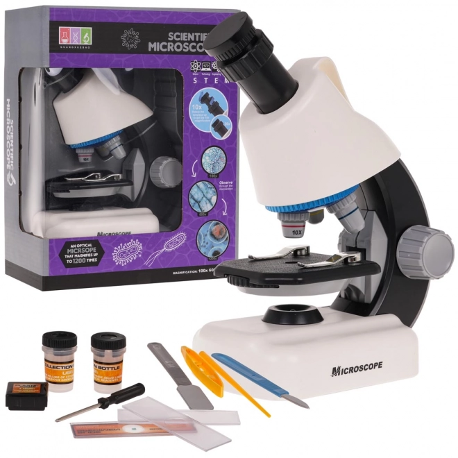 Witte microscoop + reageerbuizen en accessoires
