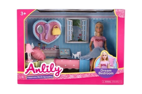 Pop Anlily met slaapkamer kunststof 26cm met accessoires in doos 37x27x17cm