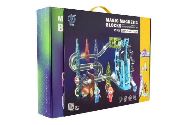 Magnetische plastic knikkerbaan 80st 16 knikkers + accessoires op batterijen met licht in doos 47x35x9cm