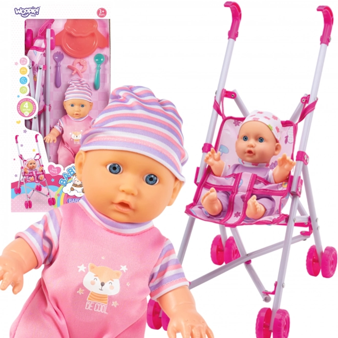 Woopie eerste kinderpop met kinderwagen en eetset