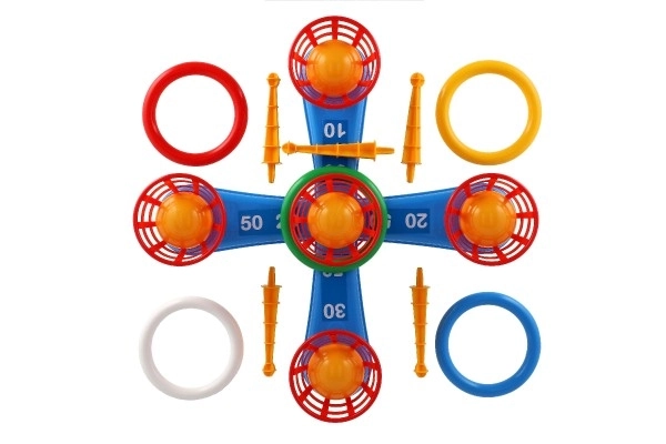 Gooi spel plastic kruis met ringen + mandjes met balletjes in net