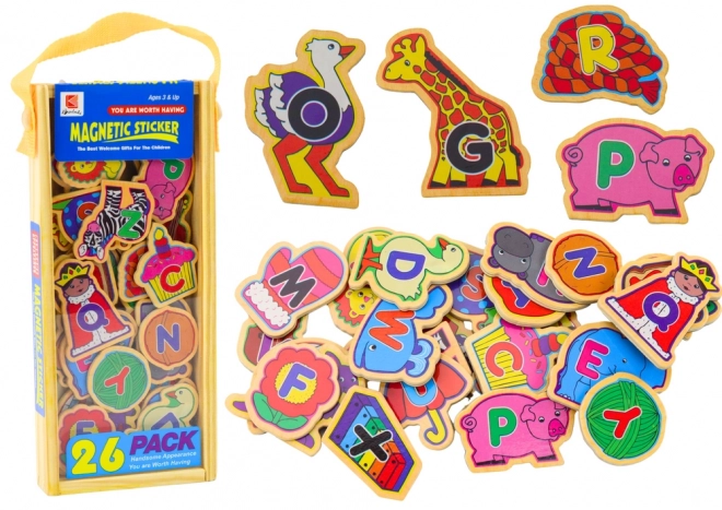 Set houten magneten letters afbeeldingen dieren 26 stuks