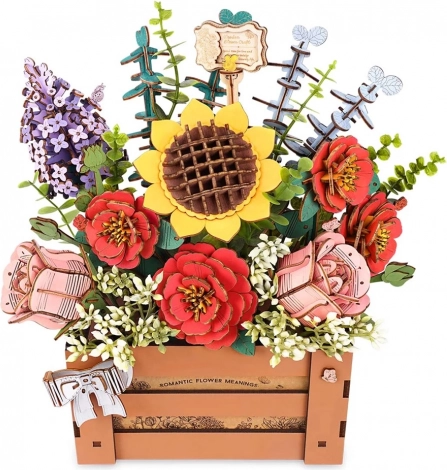 3D houten puzzel bloembak met bloemen