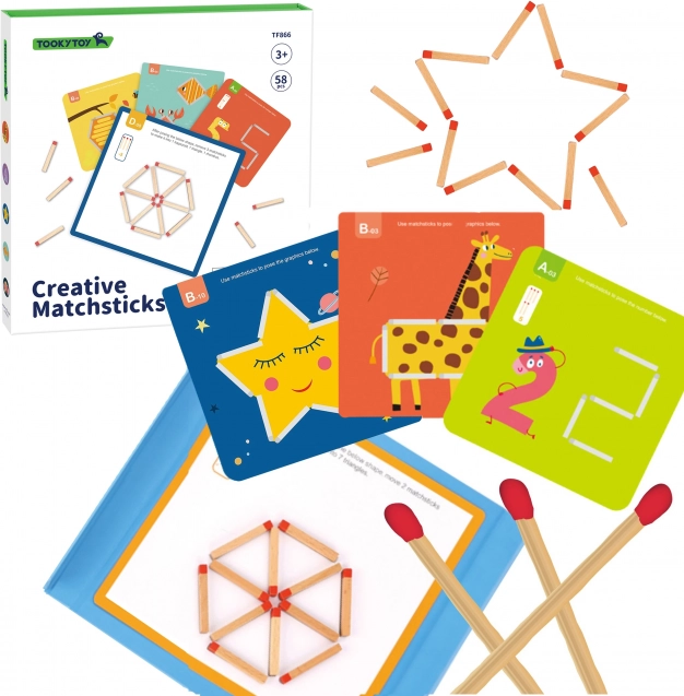 TOOKY TOY houten montessori logicaspel met magnetische lucifers, 58 stuks