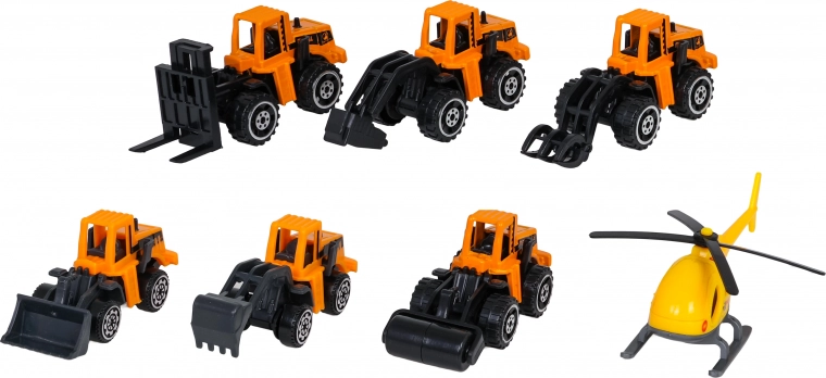 6 bouwvoertuigen en helikopter