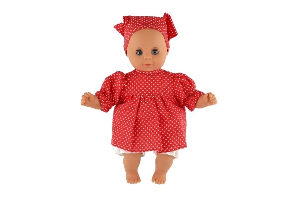 Pop/ Baby Hamiro 30cm, stoffen lichaam jurk rood+ witte stip + hoofddoek in doos 20x35x13cm