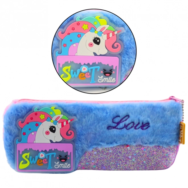 Pluche etui met eenhoorn blauw met glinsterende elementen