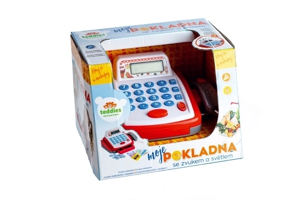 Kassa klein digitaal plastic 18cm met accessoires op batterijen met geluid en licht in doos 22x15x18cm