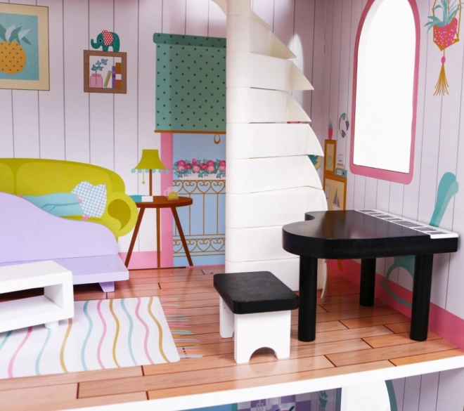Houten poppenhuis Roze voor kinderen 3+ met uitrusting en meubels