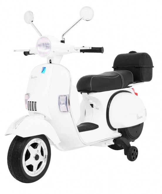 Elektrische kinderscooter Vespa wit met zijwieltjes, audio en eco-leer