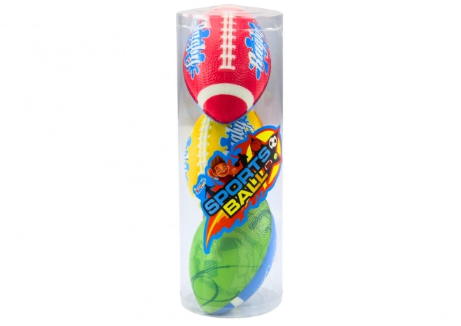 Set van 3 foamrubberen rugbyballen in 3 kleuren