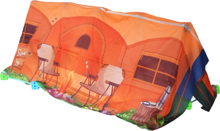 Bedrukte doek verandert het frame in een tent