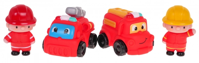 Set van brandweermannen met voertuigen