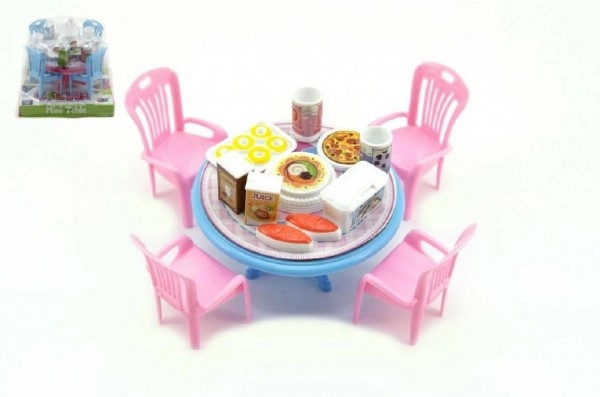 Tafel en stoelen met accessoires kunststof 12cm in blister