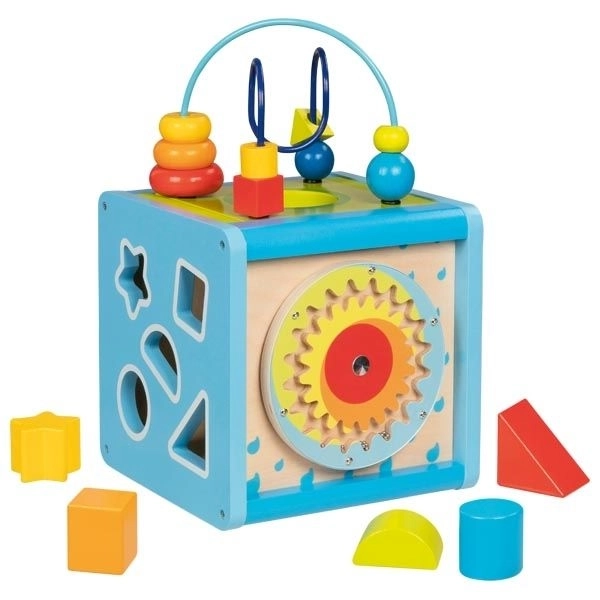 Houten motorische kubus voor kinderen 5v1