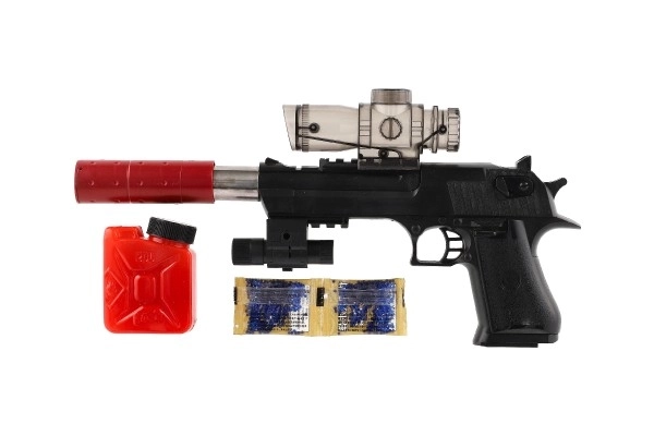 Pistool plastic/metaal 33cm voor waterkogeltjes + kogels 9-11mm op batterijen met licht in doos 34x13x4cm