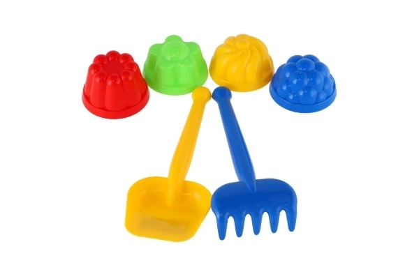 Set voor zandspelen kunststof schepje, harkje, 4 stuks bakvormen in netje