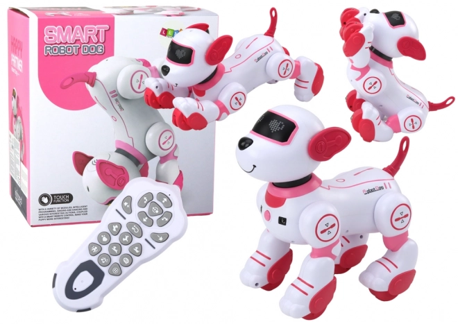 Interactieve robot hond dansend op afstandsbediening voert opdrachten uit roze